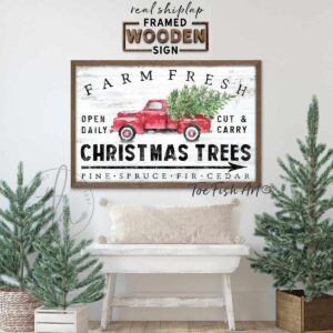 Farm Fresh Christmas Trees Sign, Rustic Holiday Christmas Wall Art, Vintage Red Truck with Tree Artwork, Framed Hardwood Shiplap Sign handmade by ToeFishArt. Original, custom, personalized wall decor signs. Canvas, Wood or Metal. Rustic modern farmhouse, cottagecore, vintage, retro, industrial, Americana, primitive, country, coastal, minimalist.