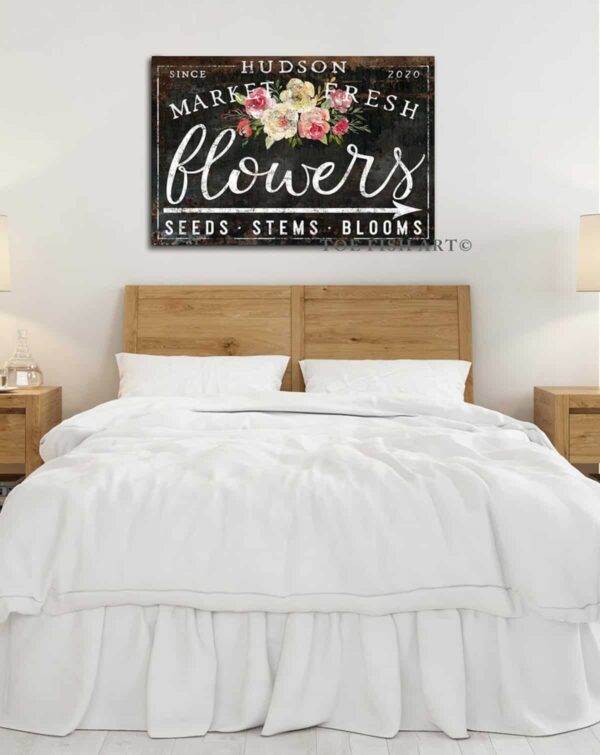 Flower Market Personalized Custom Family Name Sign Vintage Farmhouse Wall Décor handmade by ToeFishArt. Original, custom, personalized wall decor signs. Canvas, Wood or Metal. Rustic modern farmhouse, cottagecore, vintage, retro, industrial, Americana, primitive, country, coastal, minimalist.
