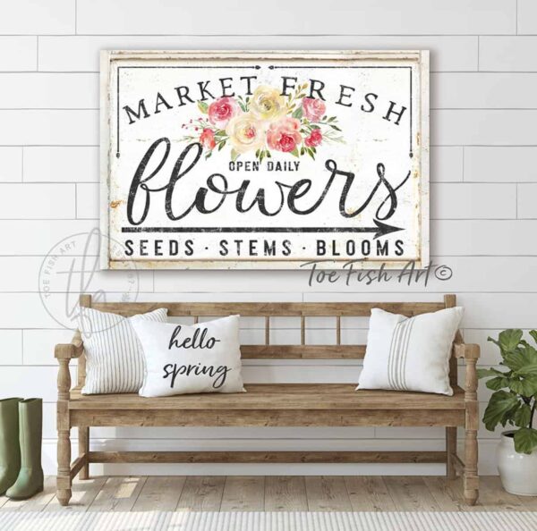 Flower Market Personalized Custom Family Name Sign Vintage Farmhouse Wall Décor handmade by ToeFishArt. Original, custom, personalized wall decor signs. Canvas, Wood or Metal. Rustic modern farmhouse, cottagecore, vintage, retro, industrial, Americana, primitive, country, coastal, minimalist.