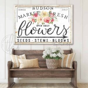 Flower Market Personalized Custom Family Name Sign Vintage Farmhouse Wall Décor handmade by ToeFishArt. Original, custom, personalized wall decor signs. Canvas, Wood or Metal. Rustic modern farmhouse, cottagecore, vintage, retro, industrial, Americana, primitive, country, coastal, minimalist.