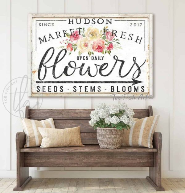 Flower Market Personalized Custom Family Name Sign Vintage Farmhouse Wall Décor handmade by ToeFishArt. Original, custom, personalized wall decor signs. Canvas, Wood or Metal. Rustic modern farmhouse, cottagecore, vintage, retro, industrial, Americana, primitive, country, coastal, minimalist.