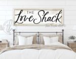 Love Shack Sign for Cozy Master Bedroom or Living/Hangout Space, Cute Couples Valentine/Wedding/Anniversary Gift handmade by ToeFishArt. Original, custom, personalized wall decor signs. Canvas, Wood or Metal. Rustic modern farmhouse, cottagecore, vintage, retro, industrial, Americana, primitive, country, coastal, minimalist.