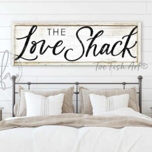 Love Shack Sign for Cozy Master Bedroom or Living/Hangout Space, Cute Couples Valentine/Wedding/Anniversary Gift handmade by ToeFishArt. Original, custom, personalized wall decor signs. Canvas, Wood or Metal. Rustic modern farmhouse, cottagecore, vintage, retro, industrial, Americana, primitive, country, coastal, minimalist.