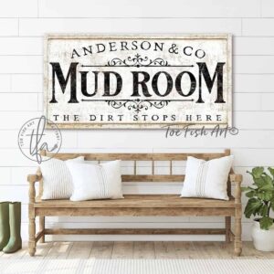 Mud Room Personalized Name & Co. Sign, The Dirt Stops Here, Witty Modern Farmhouse Wall Art for Laundry Room Entryway Decor handmade by ToeFishArt. Original, custom, personalized wall decor signs. Canvas, Wood or Metal. Rustic modern farmhouse, cottagecore, vintage, retro, industrial, Americana, primitive, country, coastal, minimalist.