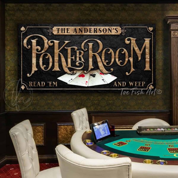 Personalized Read Em and Weep Poker Room Sign handmade by ToeFishArt. Original, custom, personalized wall decor signs. Canvas, Wood or Metal. Rustic modern farmhouse, cottagecore, vintage, retro, industrial, Americana, primitive, country, coastal, minimalist.