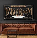 Personalized Read Em and Weep Poker Room Sign handmade by ToeFishArt. Original, custom, personalized wall decor signs. Canvas, Wood or Metal. Rustic modern farmhouse, cottagecore, vintage, retro, industrial, Americana, primitive, country, coastal, minimalist.