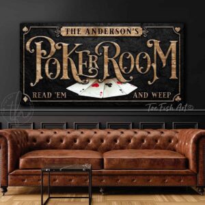 Personalized Read Em and Weep Poker Room Sign handmade by ToeFishArt. Original, custom, personalized wall decor signs. Canvas, Wood or Metal. Rustic modern farmhouse, cottagecore, vintage, retro, industrial, Americana, primitive, country, coastal, minimalist.