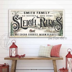 Sleigh Rides Sign Rustic Christmas Decor Modern Farmhouse Wall Decor Vintage Holiday Wall Art Personalized handmade by ToeFishArt. Original, custom, personalized wall decor signs. Canvas, Wood or Metal. Rustic modern farmhouse, cottagecore, vintage, retro, industrial, Americana, primitive, country, coastal, minimalist.