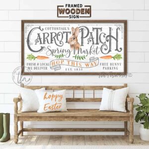 Spring Decor Easter Decoration, Cottontail's Carrot Patch Spring Market Sign, Beautiful Artwork with Vintage Whimsy, Framed Hardwood Shiplap handmade by ToeFishArt. Original, custom, personalized wall decor signs. Canvas, Wood or Metal. Rustic modern farmhouse, cottagecore, vintage, retro, industrial, Americana, primitive, country, coastal, minimalist.
