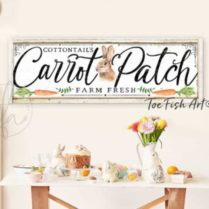 Spring Decor Easter Decoration Cottontail's Carrot Patch Wall Art handmade by ToeFishArt. Original, custom, personalized wall decor signs. Canvas, Wood or Metal. Rustic modern farmhouse, cottagecore, vintage, retro, industrial, Americana, primitive, country, coastal, minimalist.