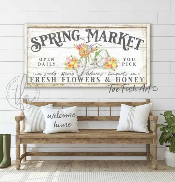 Spring Market Fresh Flowers & Honey Sign, Vintage Bicycle Floral Artwork in Country Modern Farmhouse Style handmade by ToeFishArt. Original, custom, personalized wall decor signs. Canvas, Wood or Metal. Rustic modern farmhouse, cottagecore, vintage, retro, industrial, Americana, primitive, country, coastal, minimalist.