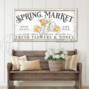 Spring Market Fresh Flowers & Honey Sign, Vintage Bicycle Floral Artwork in Country Modern Farmhouse Style handmade by ToeFishArt. Original, custom, personalized wall decor signs. Canvas, Wood or Metal. Rustic modern farmhouse, cottagecore, vintage, retro, industrial, Americana, primitive, country, coastal, minimalist.