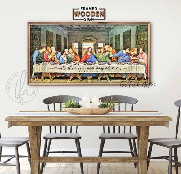 The Last Supper Wall Art, Modern Farmhouse Wall Décor, Luke 22:19 Christian Religious Artwork, Framed Hardwood Shiplap handmade by ToeFishArt. Original, custom, personalized wall decor signs. Canvas, Wood or Metal. Rustic modern farmhouse, cottagecore, vintage, retro, industrial, Americana, primitive, country, coastal, minimalist.