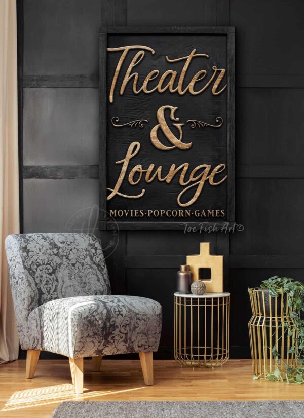 Theater & Lounge Canvas Sign Wall Art, Classic Modern Farmhouse Style handmade by ToeFishArt. Original, custom, personalized wall decor signs. Canvas, Wood or Metal. Rustic modern farmhouse, cottagecore, vintage, retro, industrial, Americana, primitive, country, coastal, minimalist.