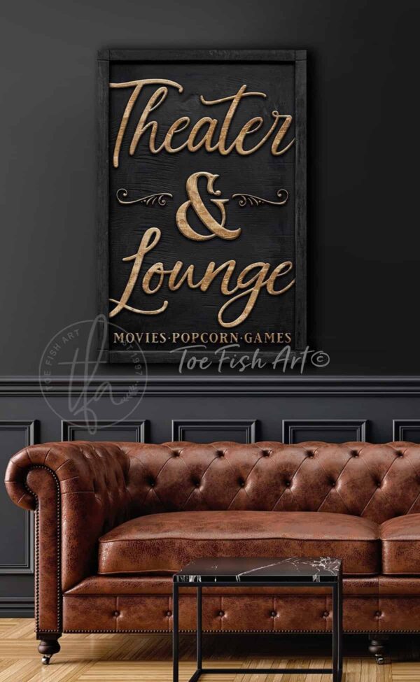 Theater & Lounge Canvas Sign Wall Art, Classic Modern Farmhouse Style handmade by ToeFishArt. Original, custom, personalized wall decor signs. Canvas, Wood or Metal. Rustic modern farmhouse, cottagecore, vintage, retro, industrial, Americana, primitive, country, coastal, minimalist.