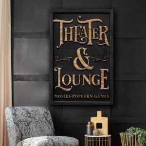 Theater & Lounge Canvas Sign, Wall Art with Wording Options, Modern Farmhouse Style handmade by ToeFishArt. Original, custom, personalized wall decor signs. Canvas, Wood or Metal. Rustic modern farmhouse, cottagecore, vintage, retro, industrial, Americana, primitive, country, coastal, minimalist.
