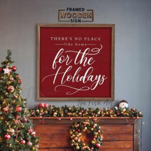 There's No Place Like Home for The Holidays Decoration in Vibrant Holiday Red and White, Vintage Christmas Wall Art, Framed Hardwood Shiplap Sign handmade by ToeFishArt. Original, custom, personalized wall decor signs. Canvas, Wood or Metal. Rustic modern farmhouse, cottagecore, vintage, retro, industrial, Americana, primitive, country, coastal, minimalist.