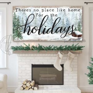 There's No Place Like Home for The Holidays Sign, Snowy Forest Cozy Cabin Artwork, Vintage Christmas Wall Decor handmade by ToeFishArt. Original, custom, personalized wall decor signs. Canvas, Wood or Metal. Rustic modern farmhouse, cottagecore, vintage, retro, industrial, Americana, primitive, country, coastal, minimalist.