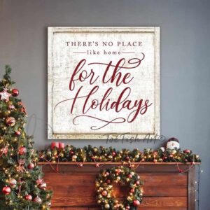 There's No Place Like Home for The Holidays Sign in Vintage Holiday Red and Timeworn White, Rustic Christmas Decor Wall Art handmade by ToeFishArt. Original, custom, personalized wall decor signs. Canvas, Wood or Metal. Rustic modern farmhouse, cottagecore, vintage, retro, industrial, Americana, primitive, country, coastal, minimalist.