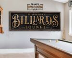 Billiards Lounge Personalized Sign, Stylish Wall Decor for Pool Table Game Room, Lower Level Basement Bar, Garage, Mancave, Framed Hardwood Shiplap handmade by ToeFishArt. Original, custom, personalized wall decor signs. Canvas, Wood or Metal. Rustic modern farmhouse, cottagecore, vintage, retro, industrial, Americana, primitive, country, coastal, minimalist.