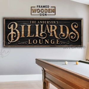 Billiards Lounge Personalized Sign, Stylish Wall Decor for Pool Table Game Room, Lower Level Basement Bar, Garage, Mancave, Framed Hardwood Shiplap handmade by ToeFishArt. Original, custom, personalized wall decor signs. Canvas, Wood or Metal. Rustic modern farmhouse, cottagecore, vintage, retro, industrial, Americana, primitive, country, coastal, minimalist.