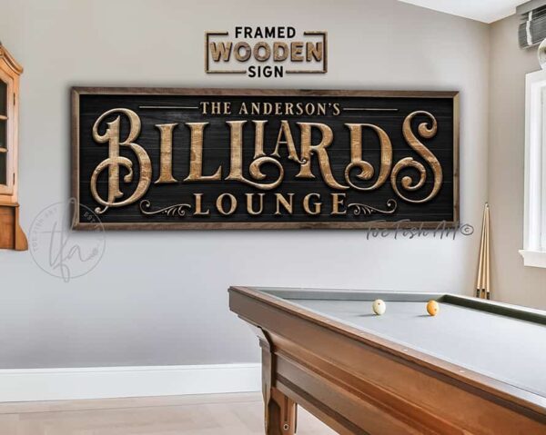 Billiards Lounge Personalized Sign, Stylish Wall Decor for Pool Table Game Room, Lower Level Basement Bar, Garage, Mancave, Framed Hardwood Shiplap handmade by ToeFishArt. Original, custom, personalized wall decor signs. Canvas, Wood or Metal. Rustic modern farmhouse, cottagecore, vintage, retro, industrial, Americana, primitive, country, coastal, minimalist.