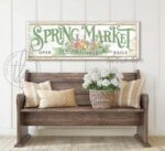 Spring Market Fresh Flowers Sign above wood bench in entryway handmade by ToeFishArt. Original, custom, personalized gifts and wall decor signs. Canvas, Wood or Metal. Rustic modern farmhouse, cottagecore, vintage, retro, industrial, Americana, primitive, country, coastal, minimalist.
