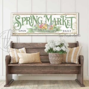 Spring Market Fresh Flowers Sign above wood bench in entryway handmade by ToeFishArt. Original, custom, personalized gifts and wall decor signs. Canvas, Wood or Metal. Rustic modern farmhouse, cottagecore, vintage, retro, industrial, Americana, primitive, country, coastal, minimalist.