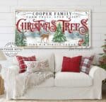 Christmas Trees Canvas or Outdoor Metal Personalize-able Sign Vintage Style Holiday Decoration for exterior Christmas season decoration holiday curb appeal nostalgic winter seasonal artwork wall decor handmade in the USA by the Toe Fish Art family artists. Original, custom, personalized wall decor signs. Canvas, Wood or Metal. Rustic modern farmhouse, cottagecore, vintage, retro, industrial, Americana, primitive, country, coastal, minimalist.