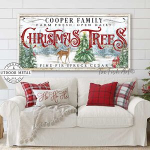 Christmas Trees Canvas or Outdoor Metal Personalize-able Sign Vintage Style Holiday Decoration for exterior Christmas season decoration holiday curb appeal nostalgic winter seasonal artwork wall decor handmade in the USA by the Toe Fish Art family artists. Original, custom, personalized wall decor signs. Canvas, Wood or Metal. Rustic modern farmhouse, cottagecore, vintage, retro, industrial, Americana, primitive, country, coastal, minimalist.