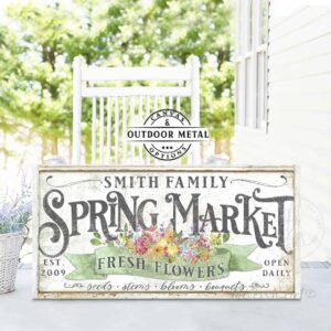 Spring Market Fresh Flowers Personalize-able Canvas or Outdoor Exterior Commercial-Grade Metal Sign handmade in the USA and built to last a lifetime by ToeFishArt. Add your family name to this beautiful vibrant colorful roses bouquet artwork for unique eye-catching curb appeal. Original, custom, personalized wall decor signs. Canvas, Wood or Metal. Rustic modern farmhouse, cottagecore, vintage, retro, industrial, Americana, primitive, country, coastal, minimalist.