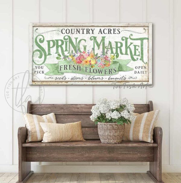 Spring Market Fresh Flowers Personalize-able Canvas or Outdoor Exterior Commercial-Grade Metal Sign handmade in the USA and built to last a lifetime by ToeFishArt. Add your family name to this beautiful vibrant colorful roses bouquet artwork for unique eye-catching curb appeal. Original, custom, personalized wall decor signs. Canvas, Wood or Metal. Rustic modern farmhouse, cottagecore, vintage, retro, industrial, Americana, primitive, country, coastal, minimalist.