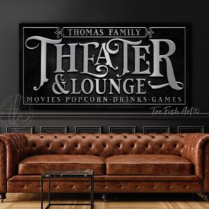 Toe Fish Art Theater & Lounge Canvas or Outdoor Metal Personalize-able Custom Sign, Slate Black, Knotty Tan woodgrain lettering, Matte Silver lettering, custom wording options, handmade by ToeFishArt. Personalize-able Canvas or Outdoor Exterior Commercial-Grade Metal Sign handmade in the USA and built to last a lifetime by ToeFishArt. Add your family name and favorite saying to this beautiful artwork for unique eye-catching appeal indoors or for your outdoor living hangout space. Color and wording options available. Original, custom, personalized wall decor signs. Canvas, Wood or Metal. Rustic modern farmhouse, cottagecore, vintage, retro, industrial, Americana, primitive, country, coastal, minimalist.