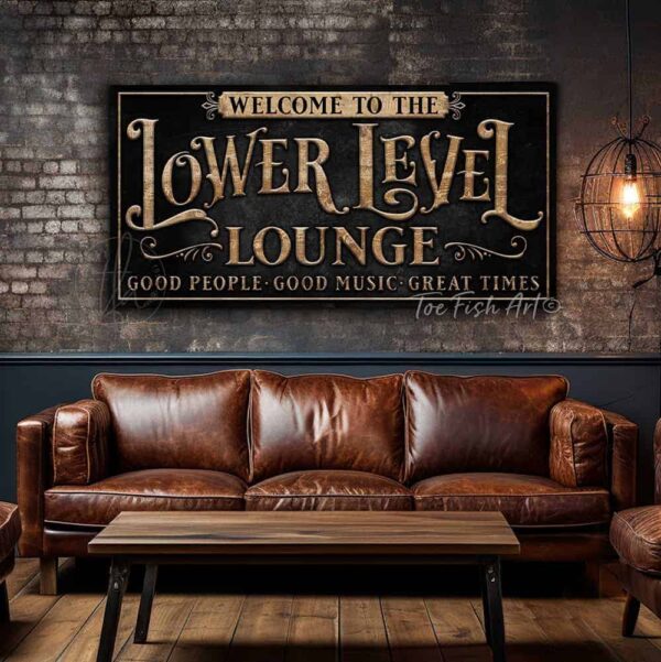 Toe Fish Art Lower Level Lounge Canvas or Outdoor Metal Personalize-able Custom Sign, Slate Black, Rustic Gold lettering, Knotty Tan Woodgrain Lettering, custom wording options, handmade by ToeFishArt. Personalize-able Canvas or Outdoor Exterior Commercial-Grade Metal Sign handmade in the USA and built to last a lifetime by ToeFishArt. Add your family name and favorite saying to this beautiful artwork for unique eye-catching appeal indoors or for your outdoor living space. Color options available. Original, custom, personalized wall decor signs. Canvas, Wood or Metal. Rustic modern farmhouse, cottagecore, vintage, retro, industrial, Americana, primitive, country, coastal, minimalist.