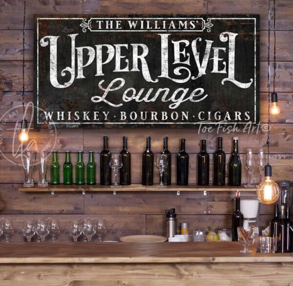 Upper Level Lounge Personalized Name Sign with Custom Wording Options, Industrial Retro Wall Decor for Loft, Studio, Apartment, Mancave Bar handmade by ToeFishArt. Original, custom, personalized wall decor signs. Canvas, Wood or Metal. Rustic modern farmhouse, cottagecore, vintage, retro, industrial, Americana, primitive, country, coastal, minimalist.