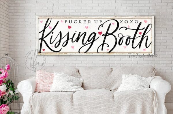 Valentine's Day Decoration Couples Gift Kissing Booth Sign Wall Art, Black & White Decor, Candy Hearts, Pucker Up XOXO handmade by ToeFishArt. Original, custom, personalized wall decor signs. Canvas, Wood or Metal. Rustic modern farmhouse, cottagecore, vintage, retro, industrial, Americana, primitive, country, coastal, minimalist.