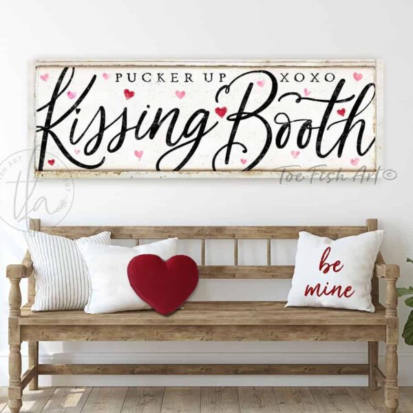 Valentine's Day Decoration Couples Gift Kissing Booth Sign Wall Art, Black & White Decor, Candy Hearts, Pucker Up XOXO handmade by ToeFishArt. Original, custom, personalized wall decor signs. Canvas, Wood or Metal. Rustic modern farmhouse, cottagecore, vintage, retro, industrial, Americana, primitive, country, coastal, minimalist.