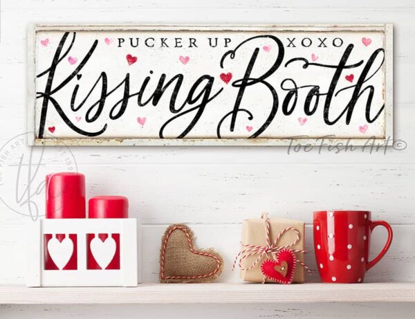 Valentine's Day Decoration Couples Gift Kissing Booth Sign Wall Art, Black & White Decor, Candy Hearts, Pucker Up XOXO handmade by ToeFishArt. Original, custom, personalized wall decor signs. Canvas, Wood or Metal. Rustic modern farmhouse, cottagecore, vintage, retro, industrial, Americana, primitive, country, coastal, minimalist.