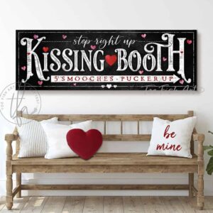 Valentine's Day Decoration Kissing Booth Sign Wall Art, Black & White Decor, Candy Hearts, Couples Love Gift handmade by ToeFishArt. Original, custom, personalized wall decor signs. Canvas, Wood or Metal. Rustic modern farmhouse, cottagecore, vintage, retro, industrial, Americana, primitive, country, coastal, minimalist.