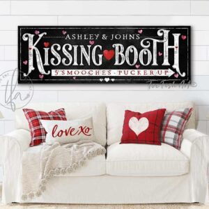 Valentine's Day Decoration Personalized Name Kissing Booth Sign Wall Art, Black & White Decor, Candy Hearts, Couples Be Mine Gift handmade by ToeFishArt. Original, custom, personalized wall decor signs. Canvas, Wood or Metal. Rustic modern farmhouse, cottagecore, vintage, retro, industrial, Americana, primitive, country, coastal, minimalist.