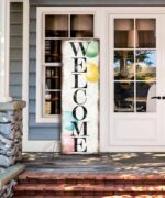 Welcome Sign, Easter Spring Decoration, "Porch Leaner" Canvas Sign for *Covered* Entryway, Foyer handmade by ToeFishArt. Original, custom, personalized wall decor signs. Canvas, Wood or Metal. Rustic modern farmhouse, cottagecore, vintage, retro, industrial, Americana, primitive, country, coastal, minimalist.