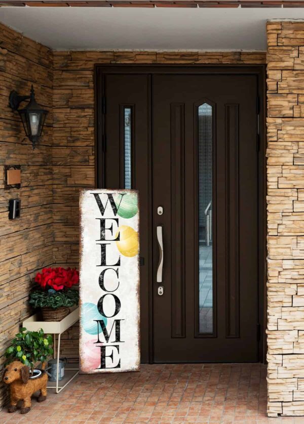 Welcome Sign, Easter Spring Decoration, "Porch Leaner" Canvas Sign for *Covered* Entryway, Foyer handmade by ToeFishArt. Original, custom, personalized wall decor signs. Canvas, Wood or Metal. Rustic modern farmhouse, cottagecore, vintage, retro, industrial, Americana, primitive, country, coastal, minimalist.