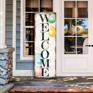 Welcome Sign, Easter Spring Decoration, "Porch Leaner" Canvas Sign for *Covered* Entryway, Foyer handmade by ToeFishArt. Original, custom, personalized wall decor signs. Canvas, Wood or Metal. Rustic modern farmhouse, cottagecore, vintage, retro, industrial, Americana, primitive, country, coastal, minimalist.