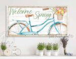 Welcome Spring Sign, Beautiful Blue Bicycle Fresh Flowers Artwork in Minimalist Vintage Coastal Farmhouse Style handmade by ToeFishArt. Original, custom, personalized wall decor signs. Canvas, Wood or Metal. Rustic modern farmhouse, cottagecore, vintage, retro, industrial, Americana, primitive, country, coastal, minimalist.