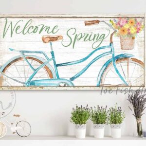 Welcome Spring Sign, Beautiful Blue Bicycle Fresh Flowers Artwork in Minimalist Vintage Coastal Farmhouse Style handmade by ToeFishArt. Original, custom, personalized wall decor signs. Canvas, Wood or Metal. Rustic modern farmhouse, cottagecore, vintage, retro, industrial, Americana, primitive, country, coastal, minimalist.