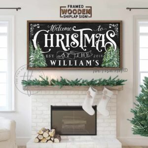 Welcome To Christmas Personalized Family Name Sign in Vintage Black & White Style, Framed Hardwood Shiplap Holiday Decoration handmade by ToeFishArt. Original, custom, personalized wall decor signs. Canvas, Wood or Metal. Rustic modern farmhouse, cottagecore, vintage, retro, industrial, Americana, primitive, country, coastal, minimalist.