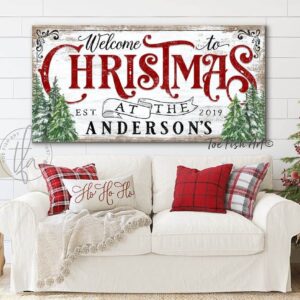Welcome to Christmas at the Family Name Sign Personalized Holiday Art Canvas handmade by ToeFishArt. Original, custom, personalized wall decor signs. Canvas, Wood or Metal. Rustic modern farmhouse, cottagecore, vintage, retro, industrial, Americana, primitive, country, coastal, minimalist.
