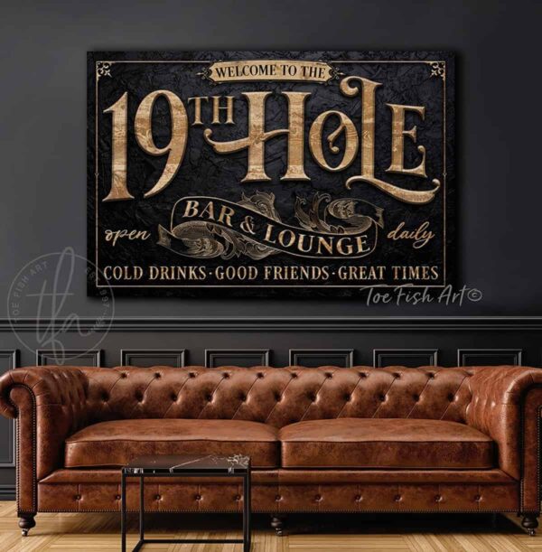 19th Hole Bar and Lounge Personalized Name Established Date Golf Player Sport Enthusiast Sign handmade by ToeFishArt. Original, custom, personalized wall decor signs. Canvas, Wood or Metal. Rustic modern farmhouse, cottagecore, vintage, retro, industrial, Americana, primitive, country, coastal, minimalist.