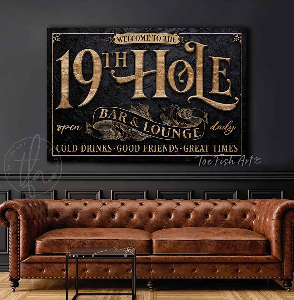 19th Hole Bar & Lounge Canvas or Metal Personalize-able Golf Enthusiast Sign