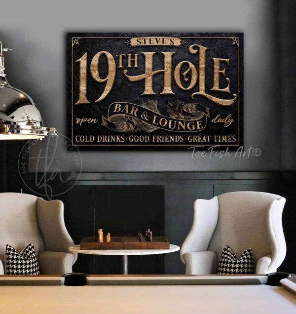 19th Hole Bar and Lounge Personalized Name Established Date Golf Player Sport Enthusiast Sign handmade by ToeFishArt. Original, custom, personalized wall decor signs. Canvas, Wood or Metal. Rustic modern farmhouse, cottagecore, vintage, retro, industrial, Americana, primitive, country, coastal, minimalist.